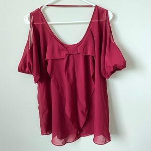 Maroon blouse with open shoulders and bowtie on back
